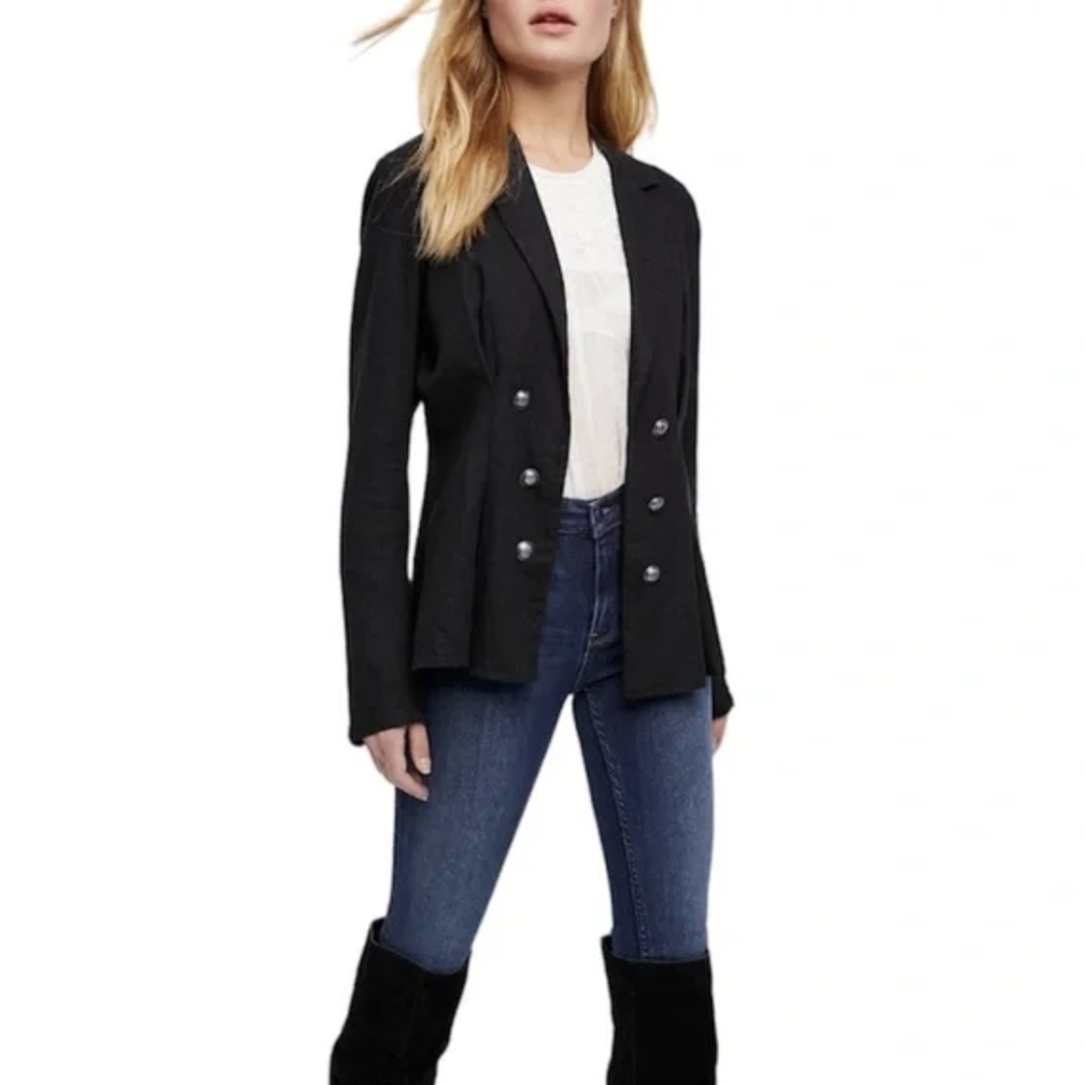 Free People Double Breasted Black Linen Jacket - Picture 1 of 10